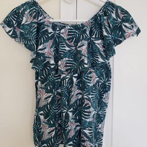 Green offshoulder crop palmtree blouse